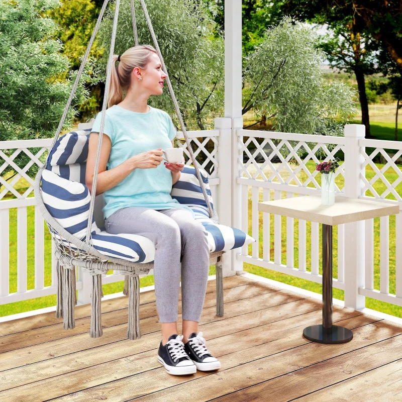 Outsunny Hammock Swing Chair, Macrame Hanging Chair with Large Cushion, Chain, Steel Frame for Indoor Outdoor Use, Blue and White