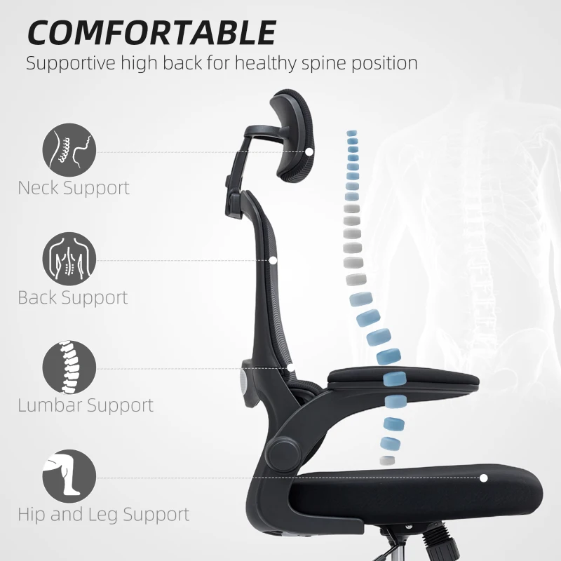HOMCOM Ergonomic Mesh Office Chair, High Back Desk Chair with Rotatable Headrest, Flip-Up Armrests, Lumbar Support, Black