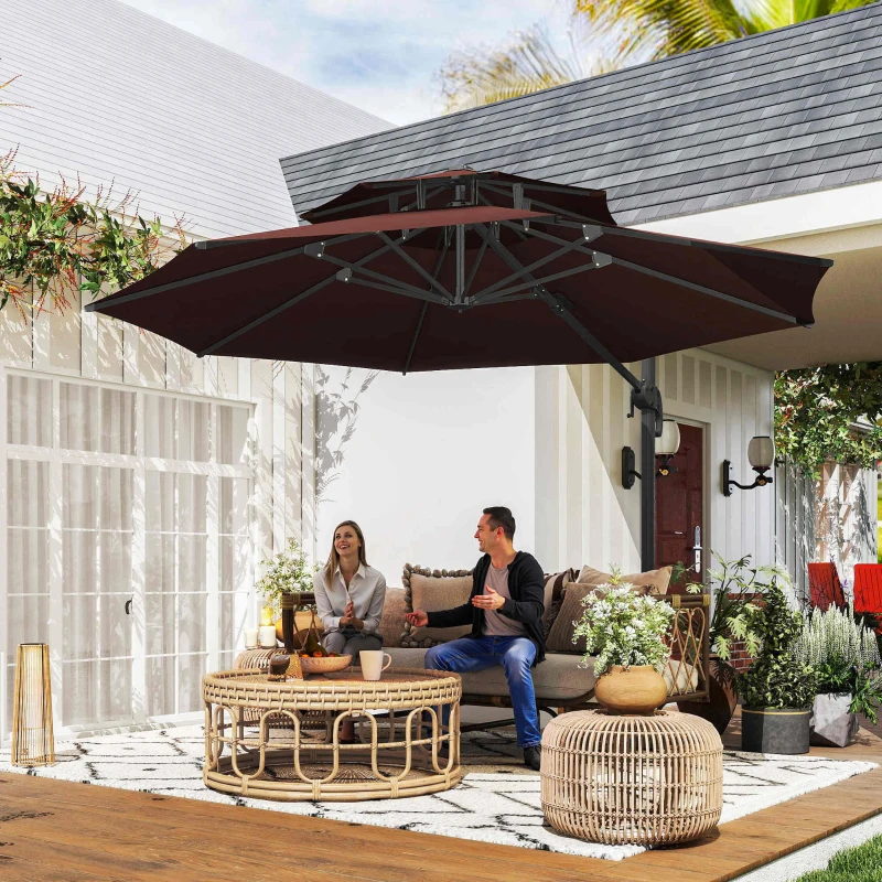 Outsunny 11ft Cantilever Patio Umbrella with Base, Double Top Hanging Aluminum Offset Umbrella with 360° Rotation, Easy Tilt, 8 Ribs, Crank, Cross Base for Backyard, Brown