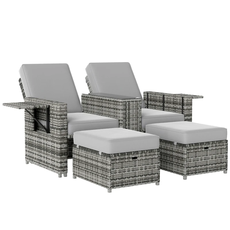 Outsunny 5PC Wicker Patio Lounger, Outdoor PE Rattan 5-level Adjustable Recliner Sofa Bed with Storage Side Table and Footstools, for Patio, Garden, Poolside, Grey