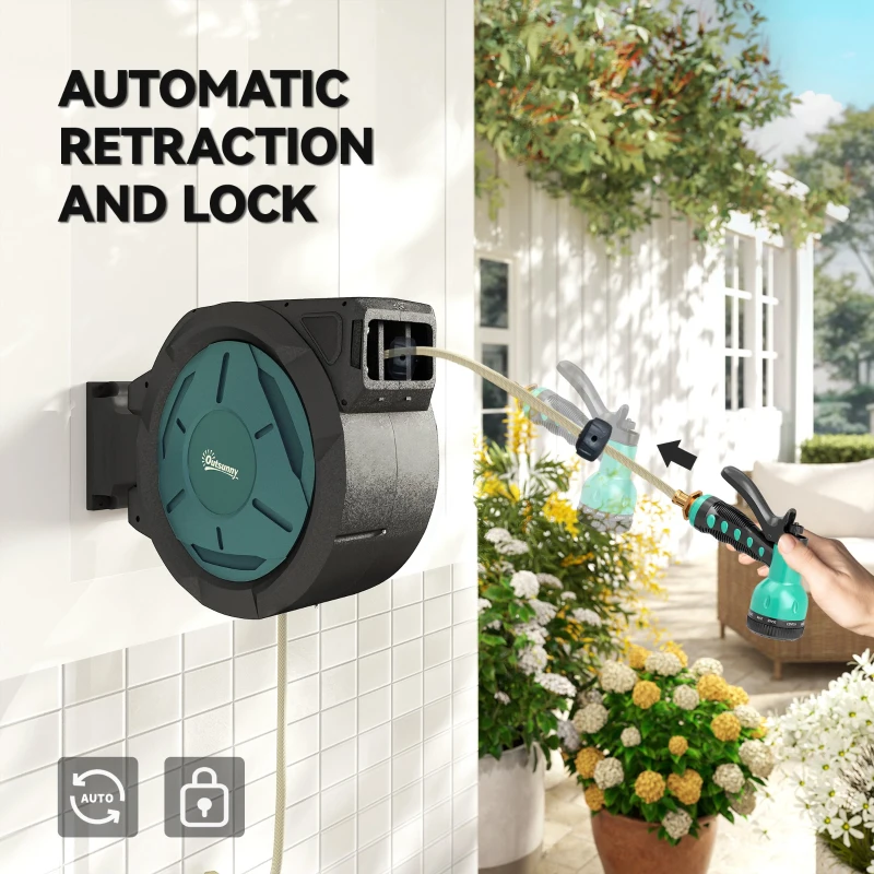 Outsunny 1/2 in x 65ft Wall Mounted Garden Hose Reel, Retractable Water Hose Reel with Auto Rewind, Any Length Lock, Blue