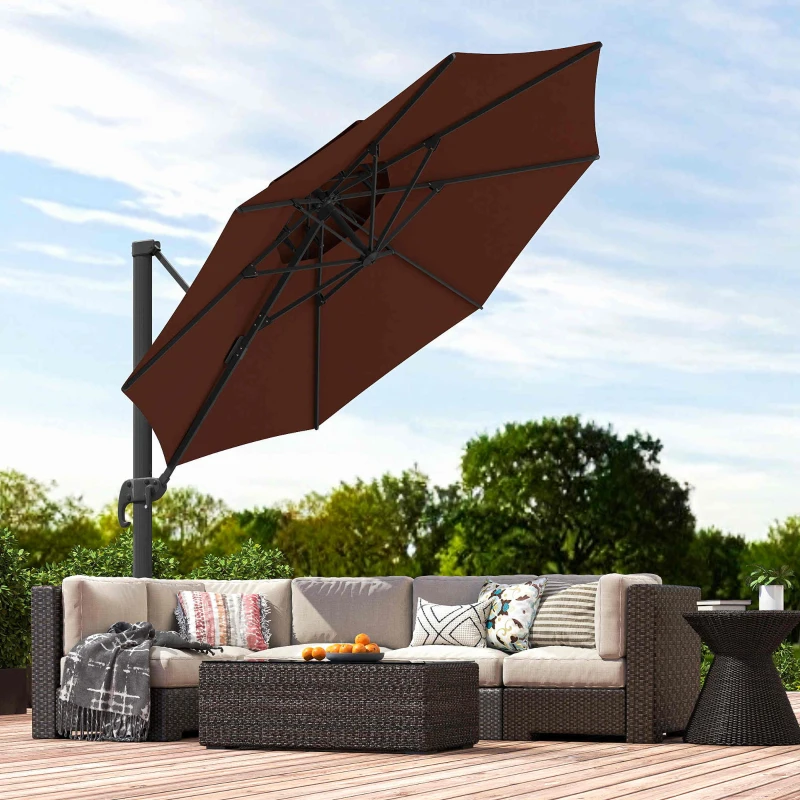 Outsunny 11ft Cantilever Patio Umbrella with Base, Double Top Hanging Aluminum Offset Umbrella with 360° Rotation, Easy Tilt, 8 Ribs, Crank, Cross Base for Backyard, Brown