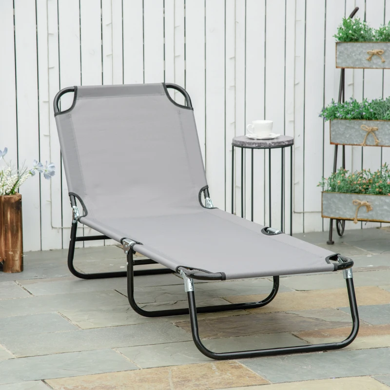 Outsunny Outdoor Folding Lounge Chair, Steel Tanning Chair with Reclining Back, Breathable Mesh for Beach, Yard, Patio, Grey