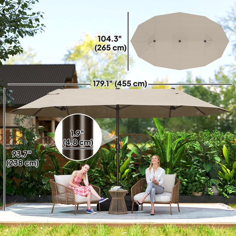 Outsunny 15' Outdoor Patio Umbrella with Twin Canopy Sunshade Steel Table Umbrella with Lift Crank, Cross base, Sandbag, Khaki