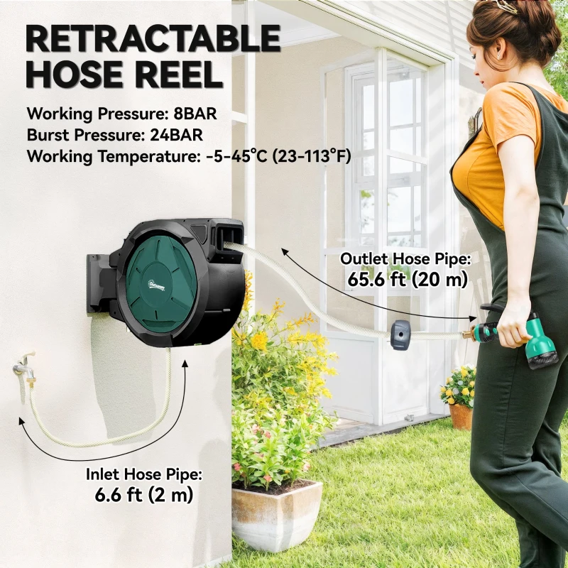 Outsunny 1/2 in x 65ft Wall Mounted Garden Hose Reel, Retractable Water Hose Reel with Auto Rewind, Any Length Lock, Blue