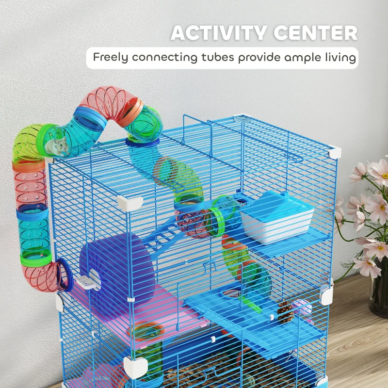 PawHut 5 Tiers Hamster Cage Portable with Exercise Wheels Play Tube Water Bottle Dishes House Ladder for Gerbils, Blue