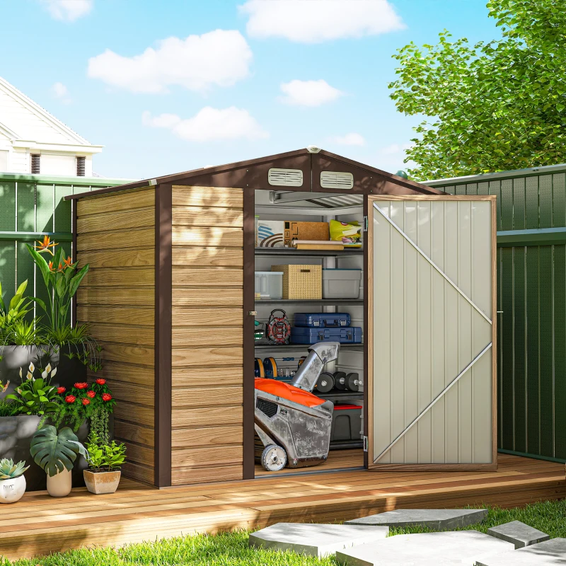 Outsunny 6' x 4' Metal Outdoor Storage Shed, Garden Shed House with Vents for Yard, Patio, Lawn, Oak Colored
