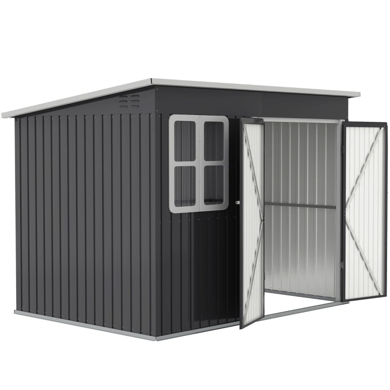 Outsunny 8.5' x 6' Galvanised Steel Outdoor Storage Shed, Garden Shed with Window, Lockable Wide Doors and Air Vents, Dark Grey