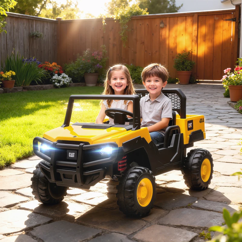 Qaba 24V Kids Ride on Tractor, 4WD 2 Seater Licensed Caterpillar Electric Vehicle with Remote Control, Dump Bed, Yellow