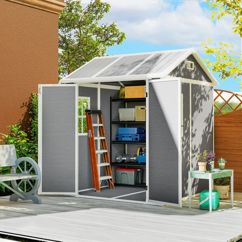 Outsunny 6' x 6' Resin Outdoor Storage Shed with Floor, Window, Lockable Doors and Vents for Backyard Patio Lawn, Grey