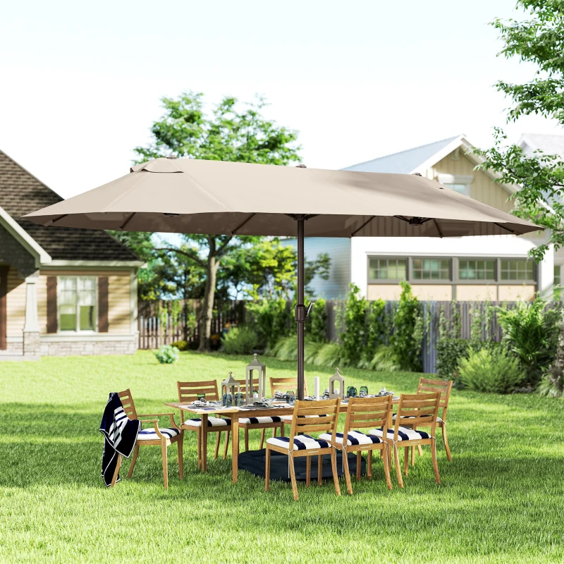 Outsunny 15' Outdoor Patio Umbrella with Twin Canopy Sunshade Steel Table Umbrella with Lift Crank, Cross base, Sandbag, Khaki