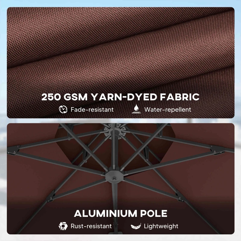 Outsunny 11ft Cantilever Patio Umbrella with Base, Double Top Hanging Aluminum Offset Umbrella with 360° Rotation, Easy Tilt, 8 Ribs, Crank, Cross Base for Backyard, Brown