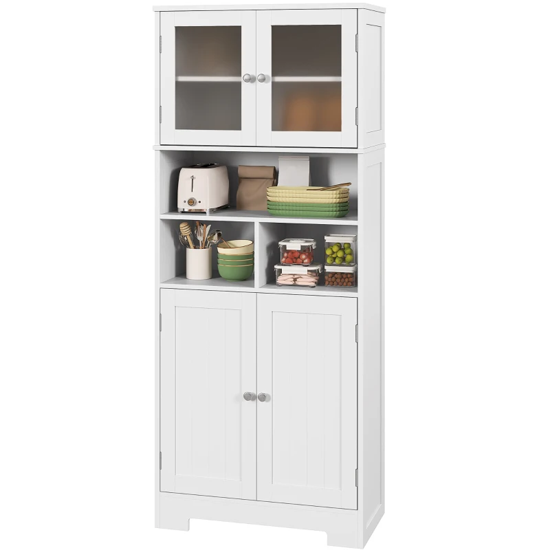 HOMCOM 57" Kitchen Pantry, Freestanding Pantry Storage Cabinet with Glass Doors, Adjustable Shelves, Open Compartments, White