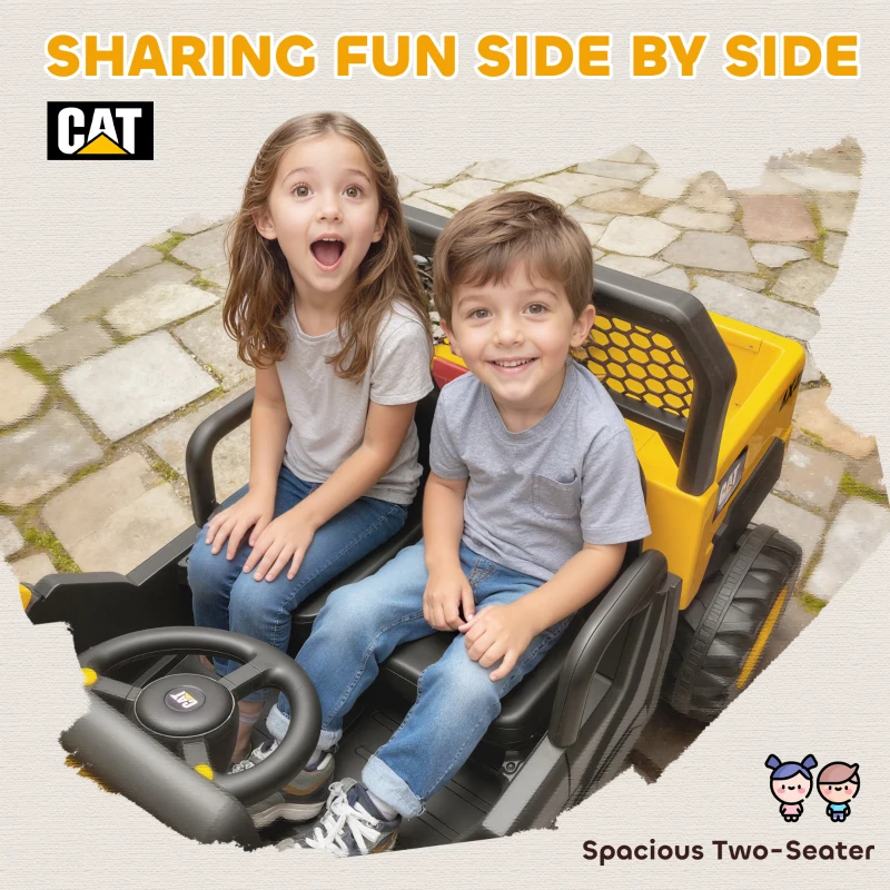 Qaba 24V Kids Ride on Tractor, 4WD 2 Seater Licensed Caterpillar Electric Vehicle with Remote Control, Dump Bed, Yellow