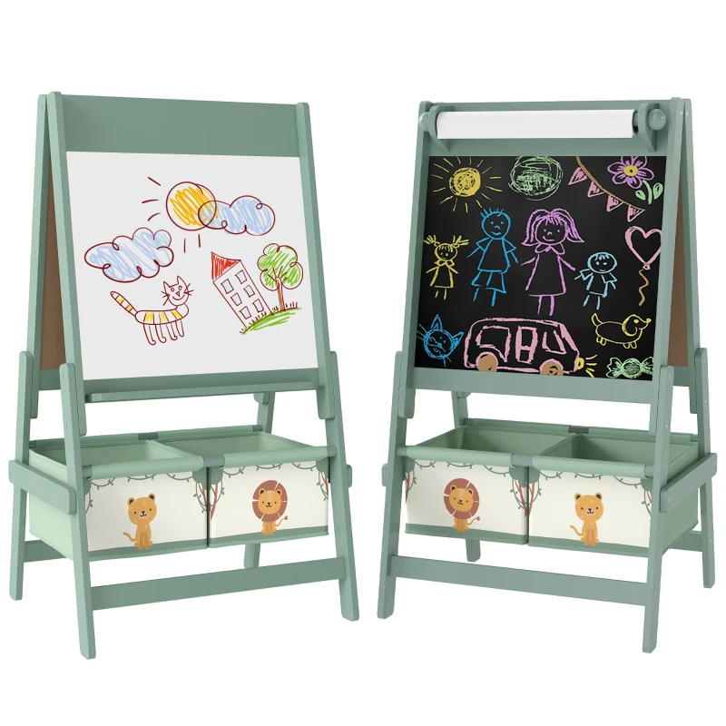 Qaba Art Easel for Kids, Double-Sided Whiteboard & Chalkboard with Paper Roll, 2 Storage Boxes, Gift for Boys, Girls, Green