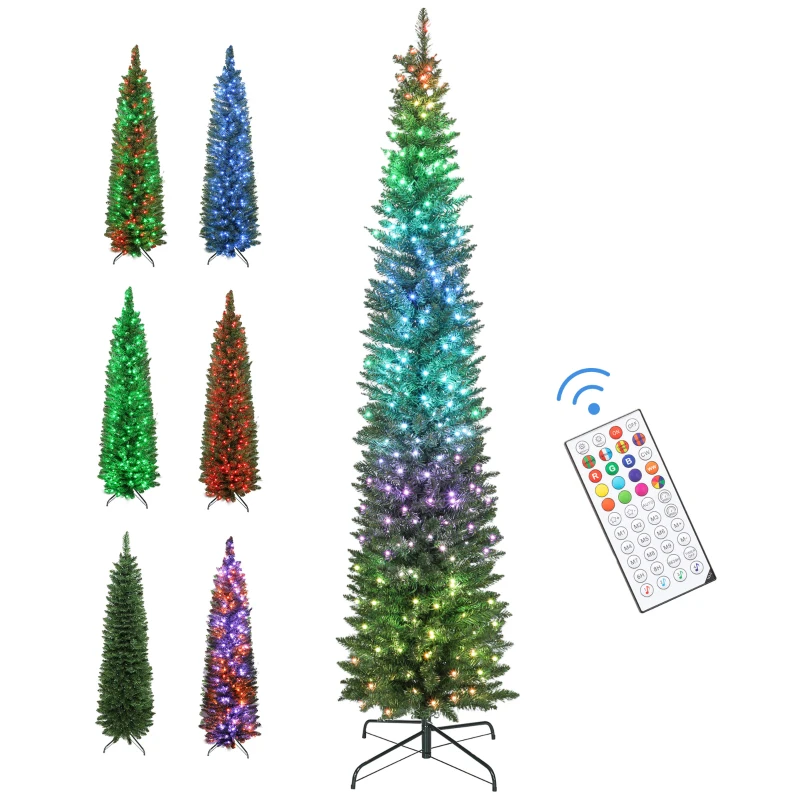 HOMCOM 7.5ft Christmas Tree with Colourful DIY Synchronized LEDs, Hinged Pencil Xmas Tree with Remote, Daily Timer, Green