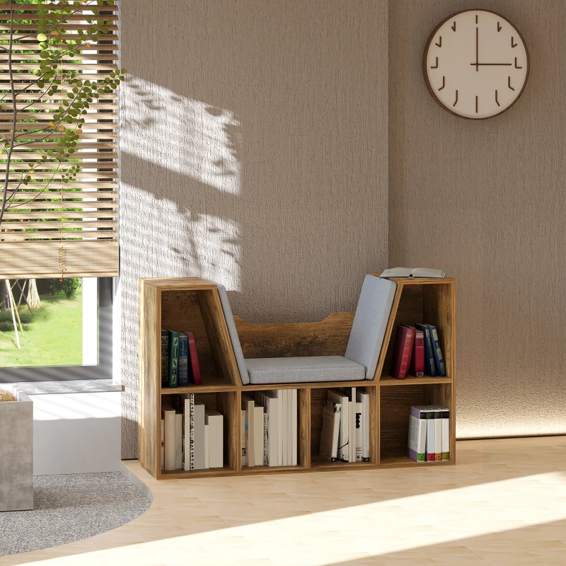 HOMCOM 6-Cubby Bookcase with Seat Cushion, Cube Storage Shelf with Reading Nook for Home Office, Study, Rustic Brown