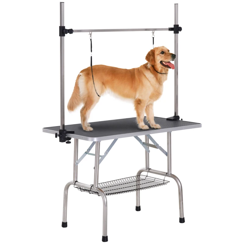 PawHut Adjustable Dog Grooming Table with 2 Safety Slings, Storage Basket, Black