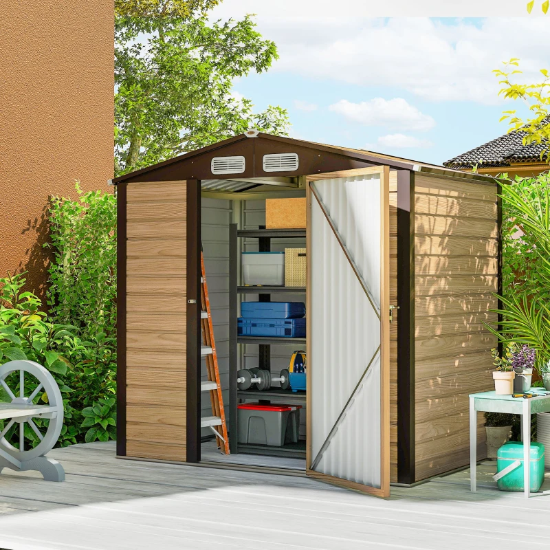 Outsunny 6' x 4' Metal Outdoor Storage Shed, Garden Shed House with Vents for Yard, Patio, Lawn, Oak Colored