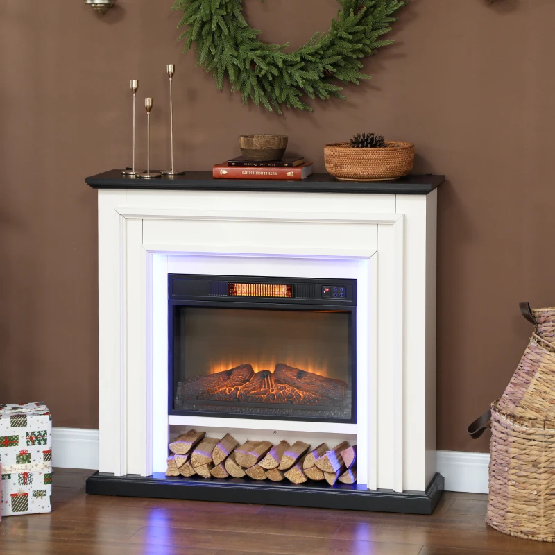HOMCOM 41 Inch Electric Fireplace with Mantel, 1400W Fireplace Heater with Adjustable 3D Flame Effect, Black and White