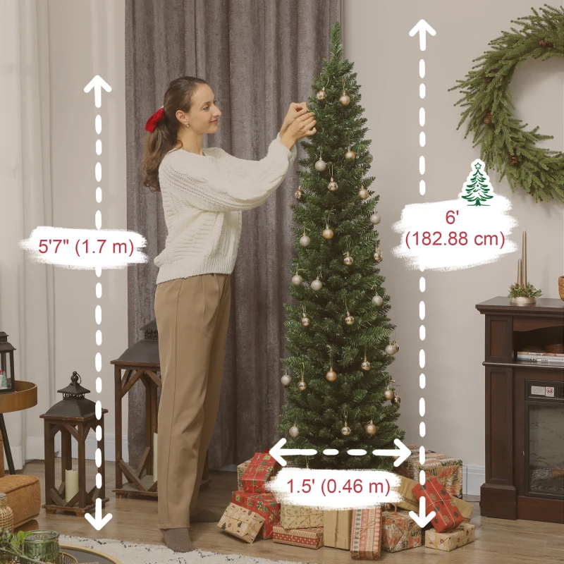 HOMCOM 6ft Christmas Tree with Colourful DIY Synchronized LEDs, Hinged Pencil Xmas Tree with Remote, Daily Timer, Green