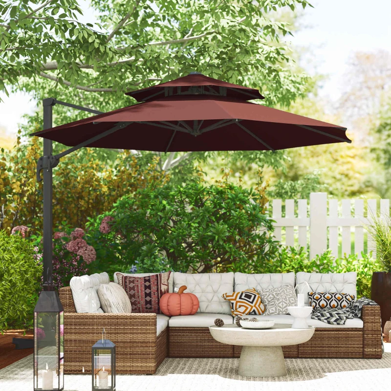 Outsunny 11ft Cantilever Patio Umbrella with Base, Double Top Hanging Aluminum Offset Umbrella with 360° Rotation, Easy Tilt, 8 Ribs, Crank, Cross Base for Backyard, Brown