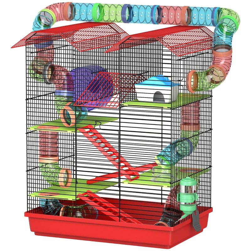 PawHut 18.5" Hamster Cage, 5 Tiers Small Animal House with Tunnel Tube System, Exercise Wheel, Water Bottle, Red