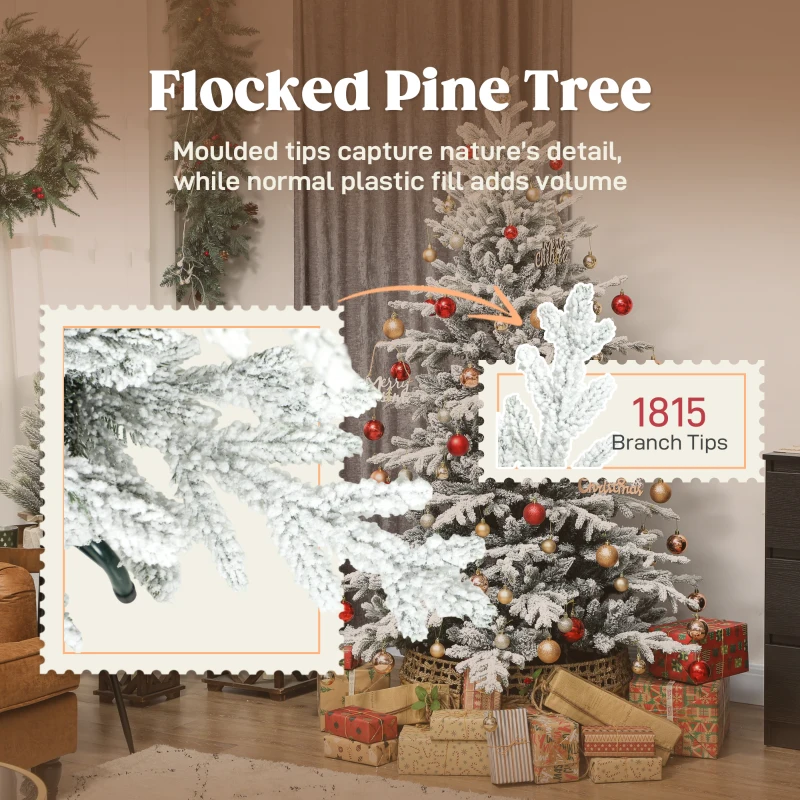 HOMCOM 6ft Artificial Flocked Christmas Tree, Full Snow Pine Tree Holiday Decor, Hinged Xmas Tree with Realistic Tips, Metal Stand, Easy Assembly