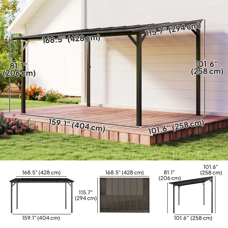 Outsunny 10' x 14' Hardtop Gazebo Wall-Mounted / Free Standing Outdoor Pergola with UPF 50+ & Waterproof Polycarbonate Roof