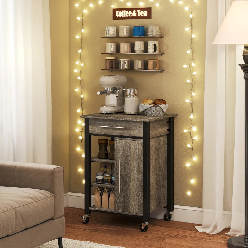 HOMCOM Kitchen Trolley Utility Cart on Wheels with Storage Shelves & Drawer for Dining Room, Dark Oak