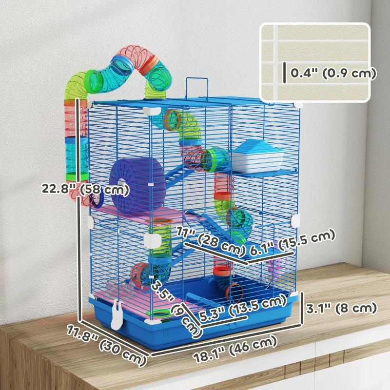 PawHut 5 Tiers Hamster Cage Portable with Exercise Wheels Play Tube Water Bottle Dishes House Ladder for Gerbils, Blue