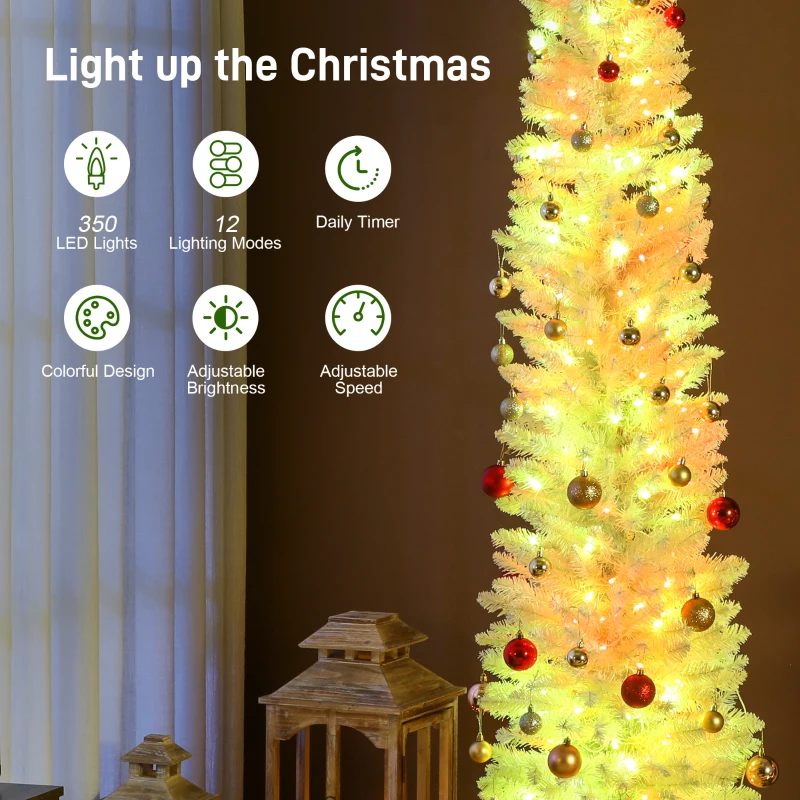 HOMCOM 9ft Christmas Tree with Colourful DIY Synchronized LEDs, Hinged Pencil Xmas Tree with Remote, Daily Timer, White