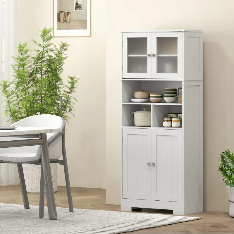 HOMCOM 57" Kitchen Pantry, Freestanding Pantry Storage Cabinet with Glass Doors, Adjustable Shelves, Open Compartments, White