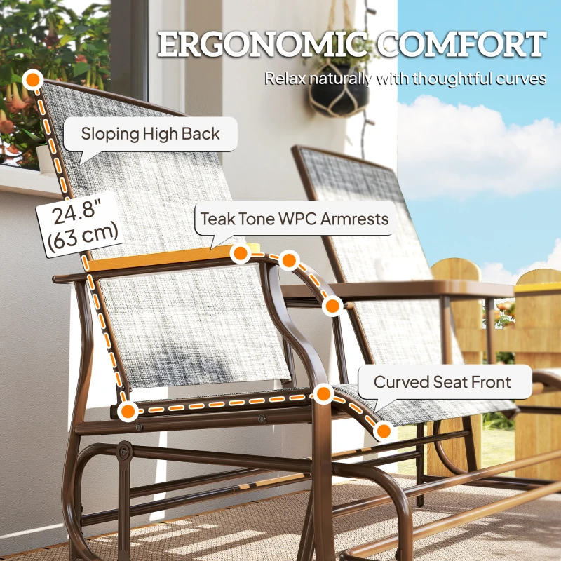 Outsunny Outdoor 2-Person Glider Bench, Outside Swing Glider Chair Loveseat with Breathable Mesh, Table, Steel Frame