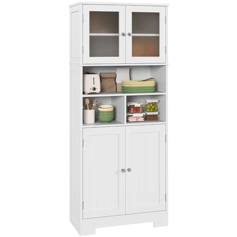 HOMCOM 57" Kitchen Pantry, Freestanding Pantry Storage Cabinet with Glass Doors, Adjustable Shelves, Open Compartments, White