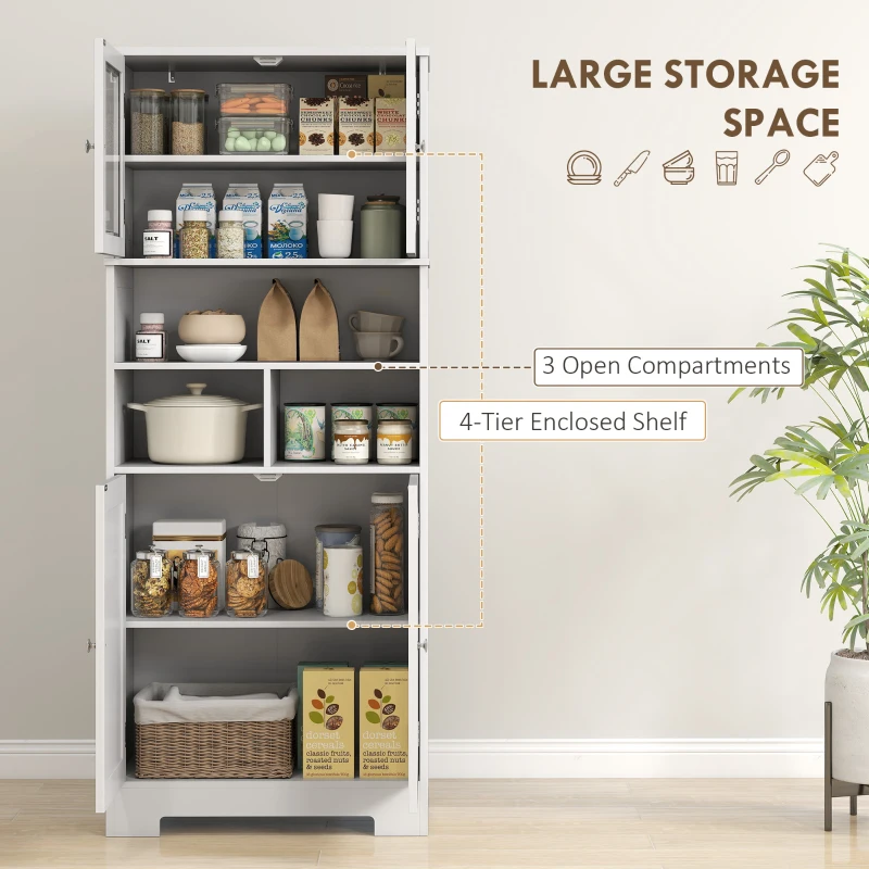 HOMCOM 57" Kitchen Pantry, Freestanding Pantry Storage Cabinet with Glass Doors, Adjustable Shelves, Open Compartments, White