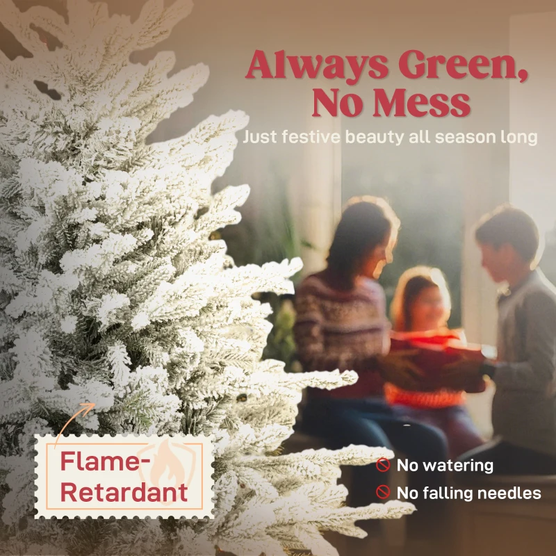HOMCOM 6ft Artificial Flocked Christmas Tree, Full Snow Pine Tree Holiday Decor, Hinged Xmas Tree with Realistic Tips, Metal Stand, Easy Assembly