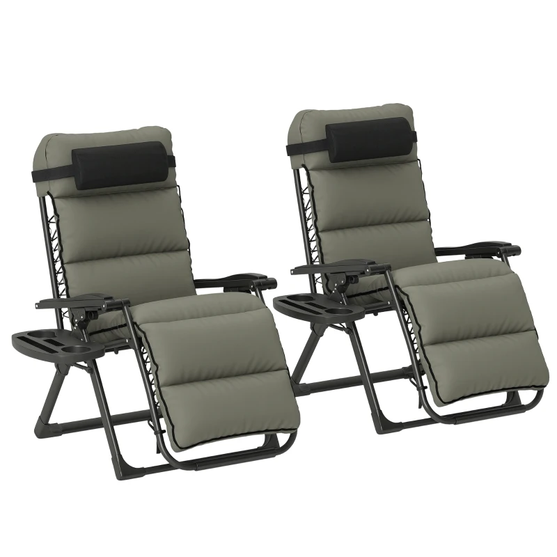 Outsunny Zero Gravity Lounge Chair Set, 2 Pieces Reclining Folding Outdoor Lounge Chairs with Cushion, Headrest, Side Tray, Gray