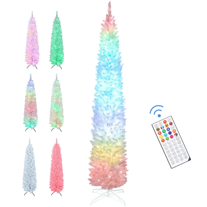 HOMCOM 9ft Christmas Tree with Colourful DIY Synchronized LEDs, Hinged Pencil Xmas Tree with Remote, Daily Timer, White