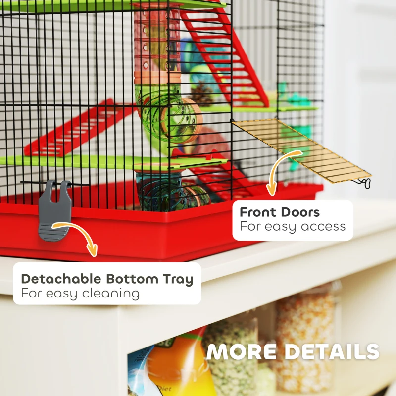 PawHut 18.5" Hamster Cage, 5 Tiers Small Animal House with Tunnel Tube System, Exercise Wheel, Water Bottle, Red