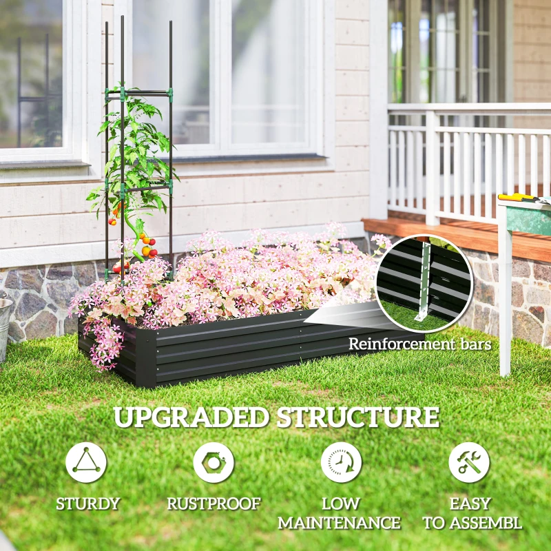 Outsunny 6' x 3' x 1' Raised Garden Bed with 2 Trellis Tomato Cages, Steel Frame Elevated Planter Box, Black