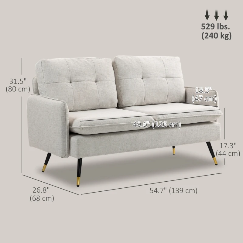 HOMCOM 55" Loveseat Sofa, Linen Love Seat w/ S spring, Steel Legs and Button Tufting, Small Couch for Living Room, Cream White