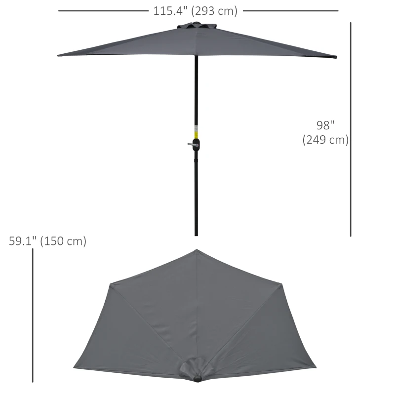 Outsunny 9.8ft Half Umbrella Semi Round Patio Parasol with Crank Handle, Top Vent for Garden, Balcony- NO BASE INCLUDED, Grey