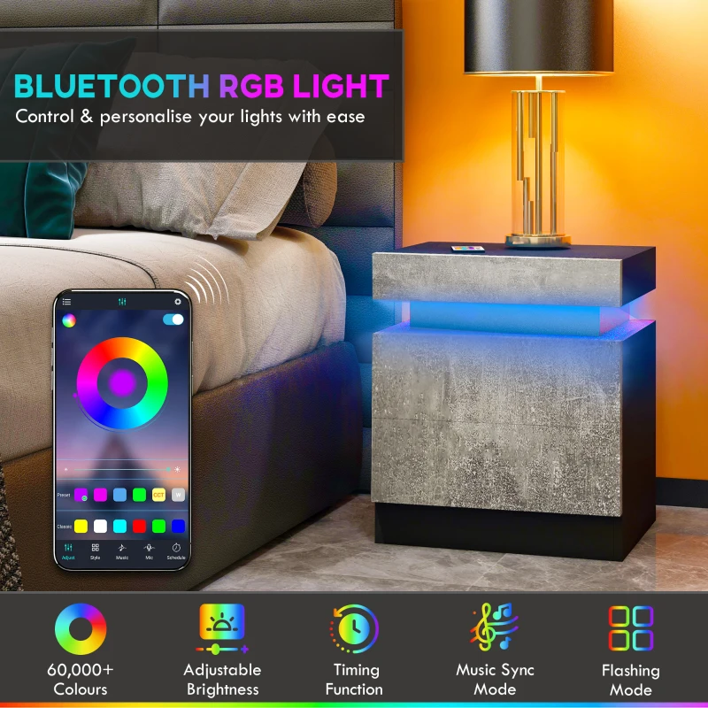 HOMCOM Nightstand, Bedside Table with LED Lights and 2 Drawers for Bedroom, Living Room, Cement Grey