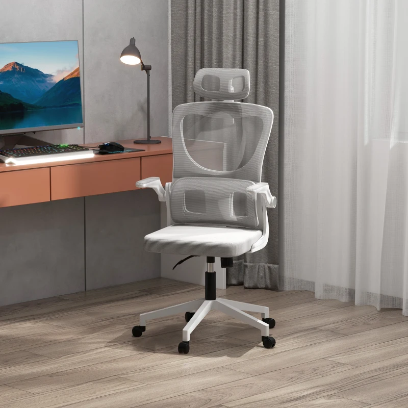 Vinsetto Ergonomic Office Chair with Auto-Adaptive Lumbar Support, High Back Desk Chair with Adjustable Headrest & Height, Rotatable Arm, Rocking Function for Office, Grey