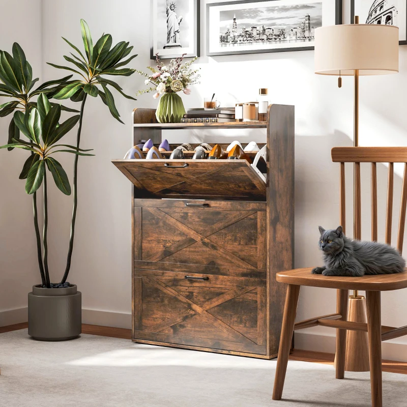 HOMCOM Narrow Shoe Storage Cabinet Farmhouse Shoe Cabinet with 3 Flip Drawers Adjustable Shelves for Entryway Rustic Brown