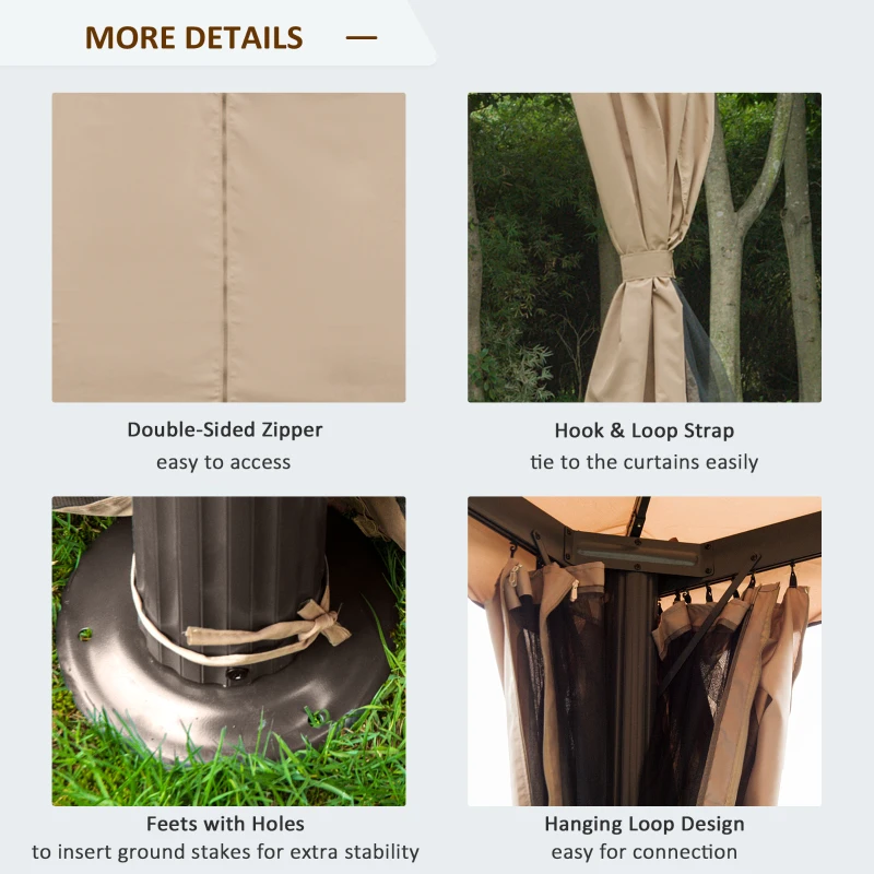 Outsunny Deck Gazebo with Beautiful Curtains, & Mesh Screen Drapes, 10ft x 10ft Double Canopy Polyester Shade for Backyard Garden, Khaki
