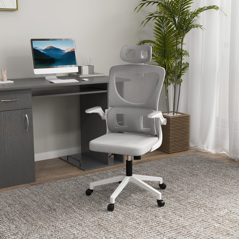 Vinsetto Ergonomic Office Chair, Mesh Computer Desk Chair with Adjustable Headrest, 4D Lumbar Support, Flip-up Arm, Grey