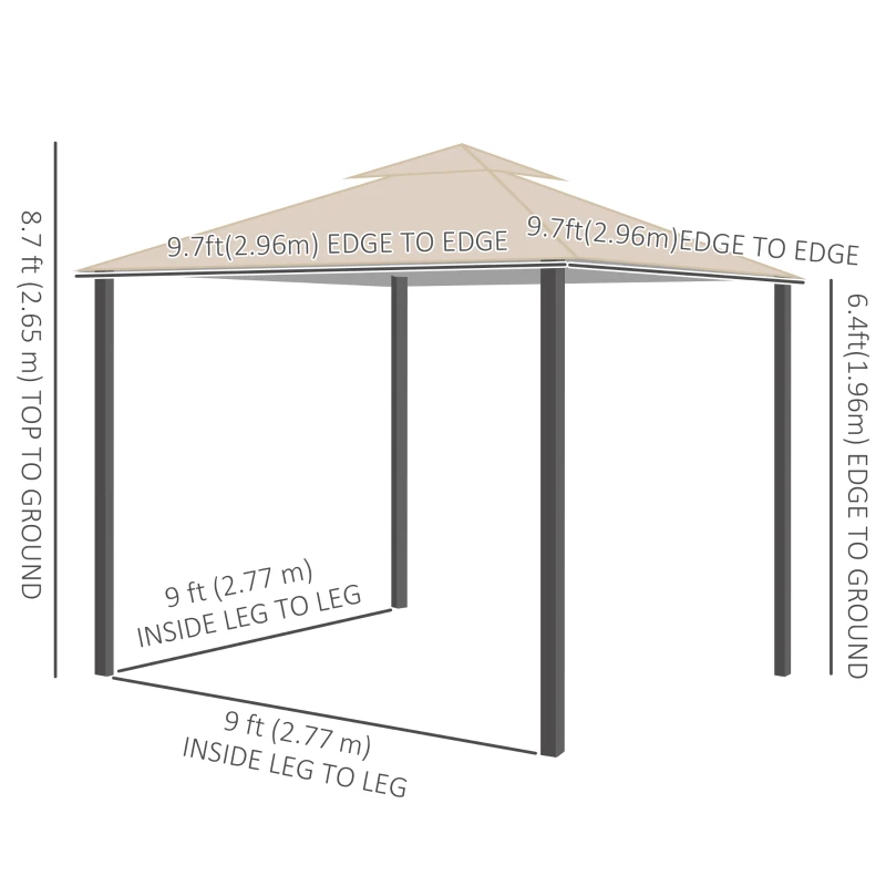 Outsunny Deck Gazebo with Beautiful Curtains, & Mesh Screen Drapes, 10ft x 10ft Double Canopy Polyester Shade for Backyard Garden, Khaki