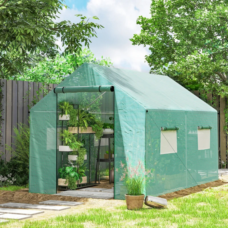 Outsunny Walk-in Tunnel Greenhouse UV-resistant Green House with Door and Mesh Windows, 6.6' x 10' x 6.6', Green